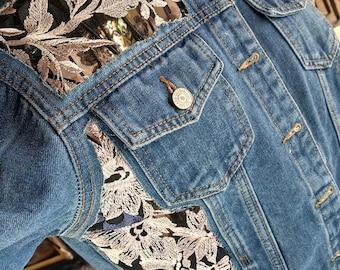 Jean Jacket with Lace Insert, Jean Jacket, Denim Jacket, Denim and Lace, Boho Jacket, Transparent Lace Insert