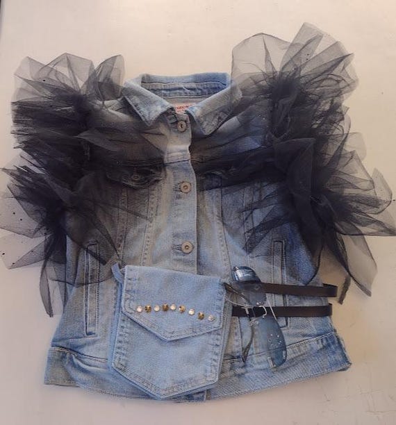 Ruffled Denim Top, Tulle Jean Top, Jean Vest, Black Tulle Top