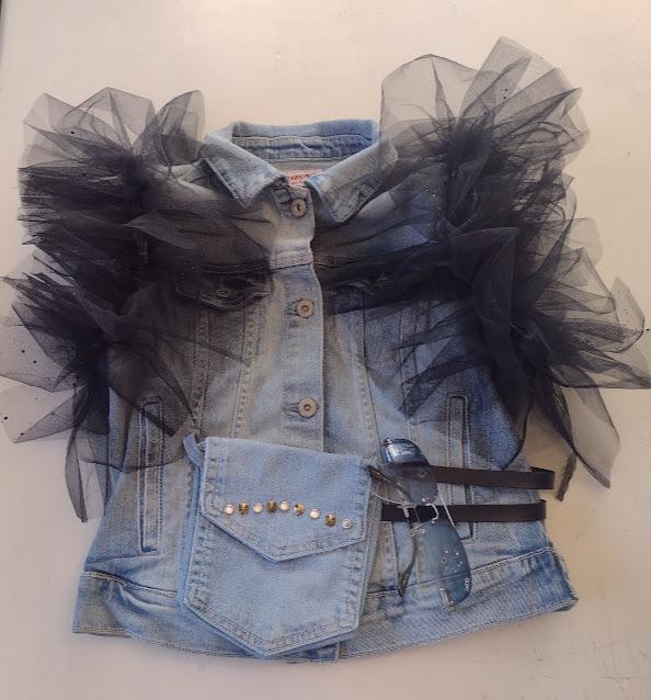 Ruffled Denim Top, Tulle Jean Top, Jean Vest, Black Tulle Top