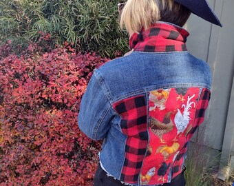 Chicken Denim Jacket, Rooster Animal Jacket, Chicken Hen Jean Jacket, Denim Jacket with Rooster Print, Chicken Jacket, Boho Western Jacket