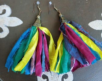 Sari Silk Bohemian earrings, Sari Earrings, Sari Tassel earrings, Boho Sari earrings, Hippie Sari Earrings, India Sari Silk Earrings