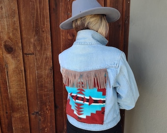 Embellished Jacket, Fringe Denim Jacket, Western Fringe Jacket, Cowgirl Fringe Denim, Aztec Denim Jacket, Boho Western Jacket, Tassel Jacket