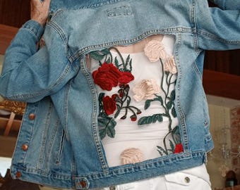 Jean Jacket with Lace Insert, Jean Jacket, Denim Jacket with Lace, Lace Insert, Embellished Jean Jacket, Boho Jacket with Embroidered Roses