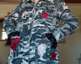 Camo Customized Jacket, Appliqued Jacket with Roses, Embroidered Camo Jacket, Boho Military Jacket, Jean Jacket