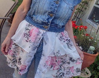 Jean jacket duster, Jean jacket vest with skirt, boho Western jean jacket, Duster denim outfit, Women's jean jacket, Denim duster