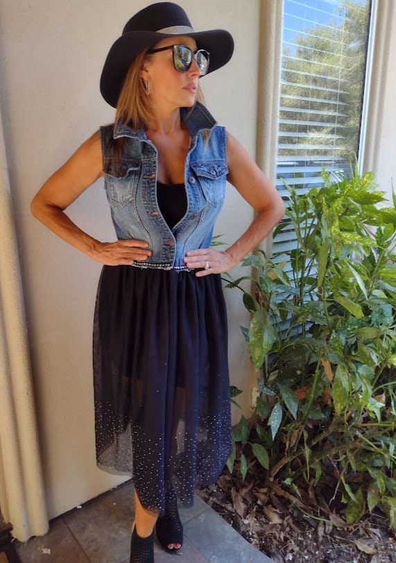 Jean Jacket Skirt, Jean Jacket Lace, Black Lace Jacket, Denim and Lace