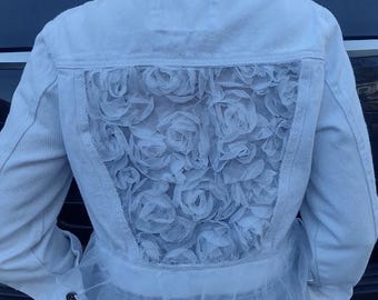 Bride Jean Jacket, Denim Jean Jacket,  Lace Insert, Mrs. Jean Jacket, Jean Jacket with Roses,  White Denim