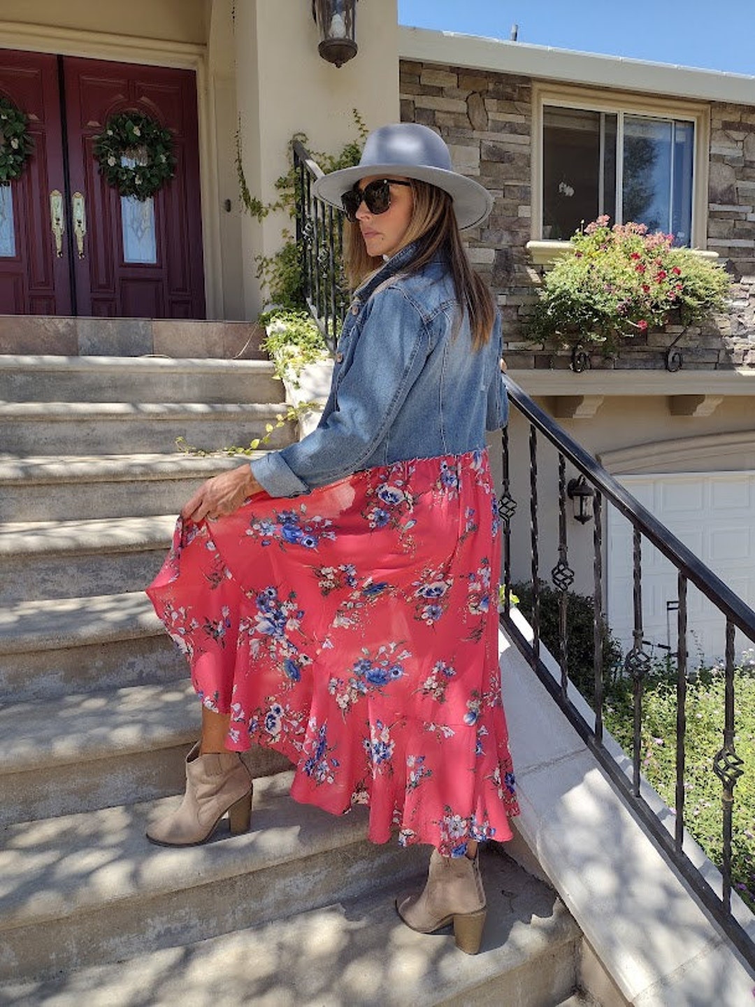 Dress Floral Jeans Jacket Red Floral Dress Red Dress Jean Jacket