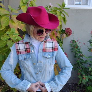 Cropped Denim Jacket, Plaid Denim Jean Jacket,  Denim Jacket, Distressed Denim Jacket, Boho cropped Denim, Western Cowgirl Jacket,