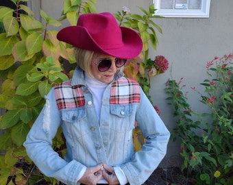 Cropped Denim Jacket, Plaid Denim Jean Jacket,  Denim Jacket, Distressed Denim Jacket, Boho cropped Denim, Western Cowgirl Jacket,