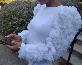 Dressy White T-Shirt, Bridal Top, Bachelorette Top,  Long Sleeve White Top, Summer Top, Unique White Top, Classic White Tee, Puff Sleeves