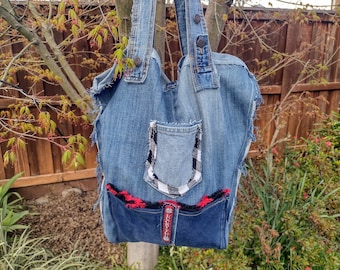 Jean Shoulder Bag, Denim Crossbody Bag, Upcycled Jean Bag. Demo Tote Bag, Distressed  Bag, Recycled Denim Bag, Boho Denim Bag