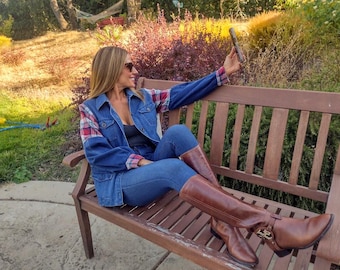 Jean jacket, Denim jean jacket, Jacket with Plaid, Fall Jacket, Winter Jacket, Boho jacket, Christmas jacket, Plaid Jean Jacket