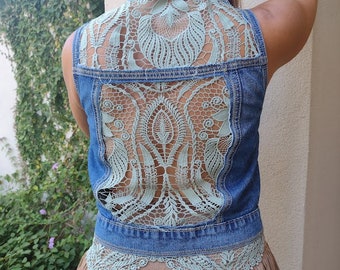 Denim Lace Vest, Jean Jacket Vest with Lace, Boho jean vest, Western jean vest, Vest with Lace, Upcycled denim vest