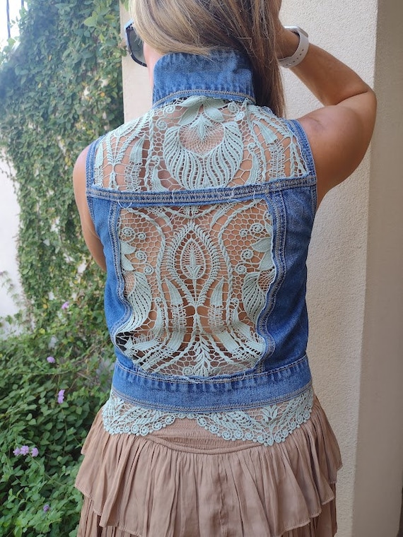 Denim Lace Vest Jean Jacket Vest With Lace Boho Jean Vest Western Jean Vest Vest With Lace Upcycled Denim Vest Etsy