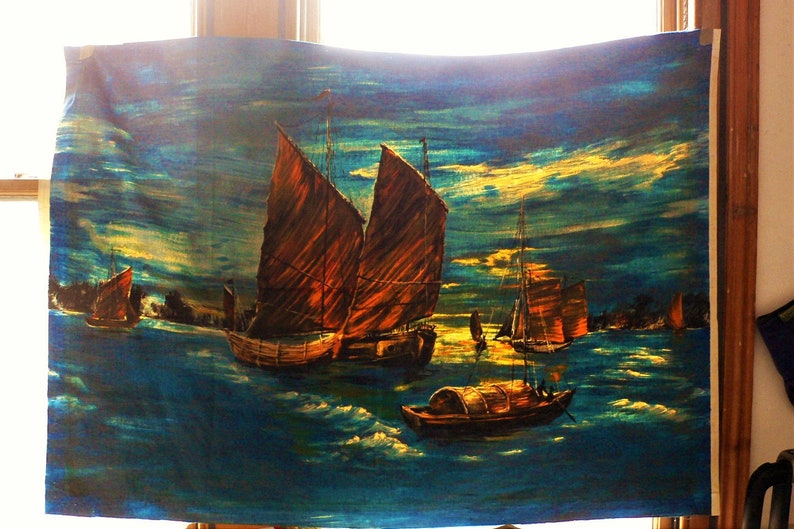 looks great illuminated RARE Vintage Mid Century fabric Painterly boat tropical Oriental Sampson boats for Framing cushions blind etc