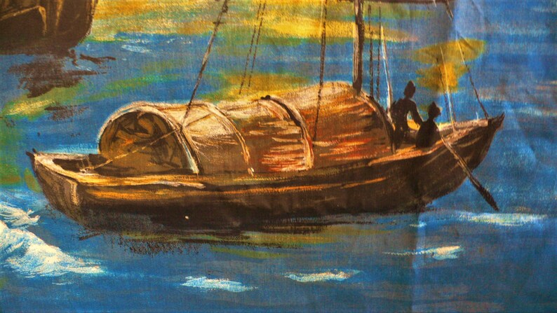 looks great illuminated RARE Vintage Mid Century fabric Painterly boat tropical Oriental Sampson boats for Framing cushions blind etc