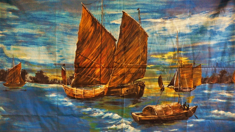 looks great illuminated RARE Vintage Mid Century fabric Painterly boat tropical Oriental Sampson boats for Framing cushions blind etc
