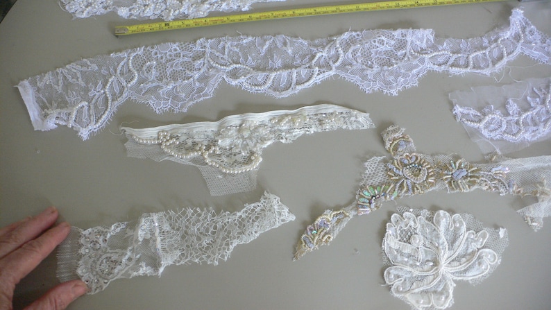 Job Lot Couture fabric Beaded Lace Remnants Beaded French Lace Remnants Scrap bag Bridal Millinery Dressmaking doll clothes etc E1