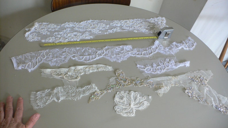 Job Lot Couture fabric Beaded Lace Remnants Beaded French Lace Remnants Scrap bag Bridal Millinery Dressmaking doll clothes etc E1