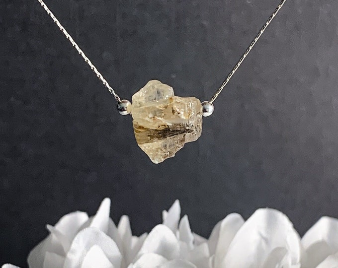 Yellow Topaz Raw Stone Choker Pendant Necklace, Raw Topaz Crystal November Birthstone Simple Necklace