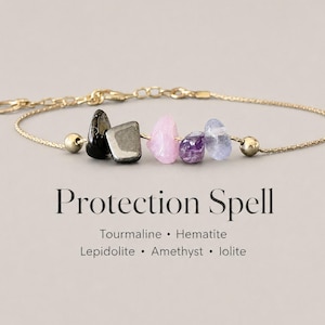 May include: A gold-tone chain bracelet featuring five raw, tumbled gemstones in black, silver-gray, pink, purple, and light blue, accented by two small gold-tone beads. The text reads Protection Spell, Tourmaline, Hematite, Lepidolite, Amethyst, Iolite.