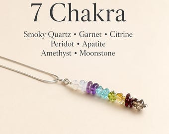 Chakrahängehalsband Sterlingsilver Vertikal stav sju stenar Helande kristaller Energismycken Yoga Meditation Andlig gåva Kvinnor
