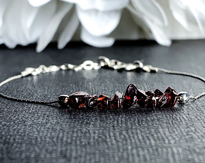 Raw Garnet Birthstone Bracelet, Dainty Minimalist Sterling Silver Adjustable Jewelry