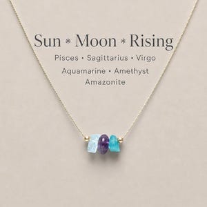 May include: A gold-coloured necklace with three raw gemstones: aquamarine, amethyst, and amazonite. The necklace is presented on a neutral background with the text "Sun * Moon * Rising" and the names of zodiac signs and gemstones.