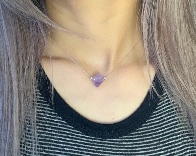 Raw Amethyst Point Choker Necklace February Birthstone Raw Stone Jewelry