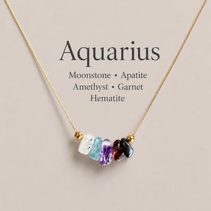 May include: A gold-tone chain necklace featuring five small, irregular tumbled gemstones in white, light blue, purple, dark red, and black, accented by two gold-tone beads. The text Aquarius, Moonstone, Apatite, Amethyst, Garnet, Hematite is displayed.