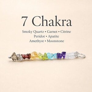 Pu&ograve; includere: Un ciondolo con sette pietre preziose: quarzo fum&eacute;, granato, citrino, peridoto, apatite, ametista e pietra di luna. Le pietre sono disposte in sequenza arcobaleno. Il ciondolo ha un anello in metallo color argento. Il testo "7 Chakra" &egrave; visualizzato sopra.
