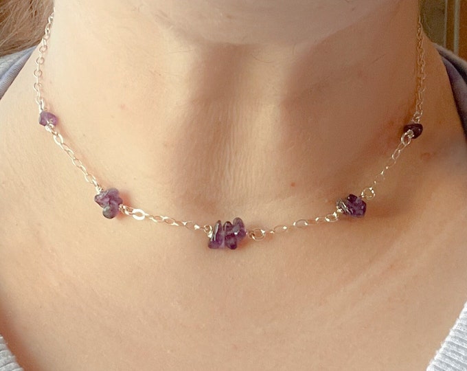 Dark Amethyst Raw Crystal Necklace Satellite Chain Choker February Birthstone