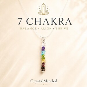 Chakra Pendant Necklace Sterling Silver Vertical Bar Seven Stone Healing Crystal Energy Jewelry Amethyst Citrine Peridot Garnet Apatite Moonstone Smoky Quartz Alignment Yoga Meditation Spiritual Wellness Gift Women Birthday Present Reiki