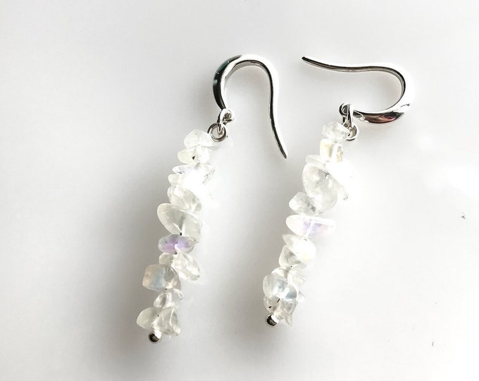 Raw Rainbow Moonstone Earrings, Fertility Stone Crystal Earrings, Dainty Dangle White Earrings