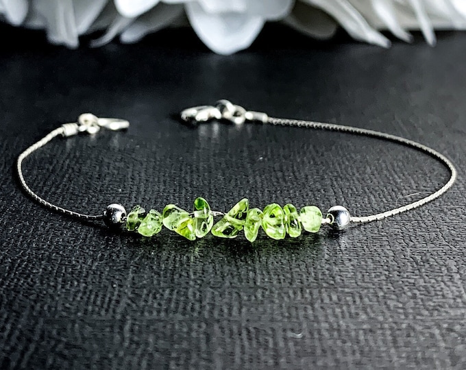 Raw Peridot Bracelet or anklet bracelet, Good luck talisman jewelry, Green Peridot crystal gemstones Anklet, Sterling Silver birthstone gift