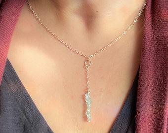 Aquamarine Crystal Lariat Y Necklace Raw Stone March Jewelry