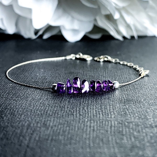 Natural Amethyst bracelet, Purple Amethyst gemstone jewelry, Sterling Silver Anxiety relief bracelet or anklet, Aquarius February birthstone