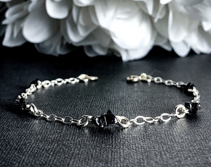 Black Spinel Ankle Bracelet Sterling Silver Satellite Chain