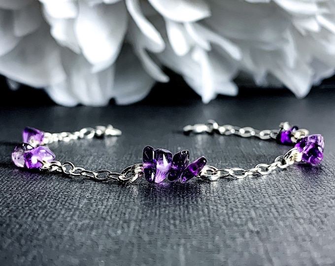 Silver Amethyst Bracelet February Birthstone Crystal Adjustable Satellite Chain