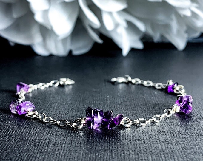 Silver Amethyst Station Bracelet Raw Amethyst Jewelry