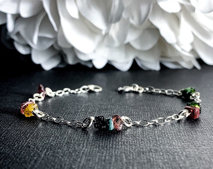 Raw Tourmaline Satellite Chain Beaded Bracelet Sterling Silver