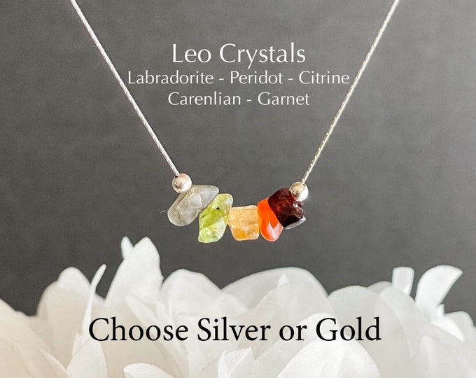 Zodiac Necklace Leo Raw Crystal Gold or Silver Birthstone Jewelry