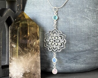 Lotus Crystal Mandala Necklace Custom Birthstone Pendant