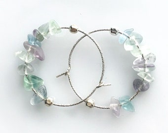 Rainbow Fluorite Earrings Empath Jewelry Raw Crystal Earrings Anxiety Relief small hoop earrings