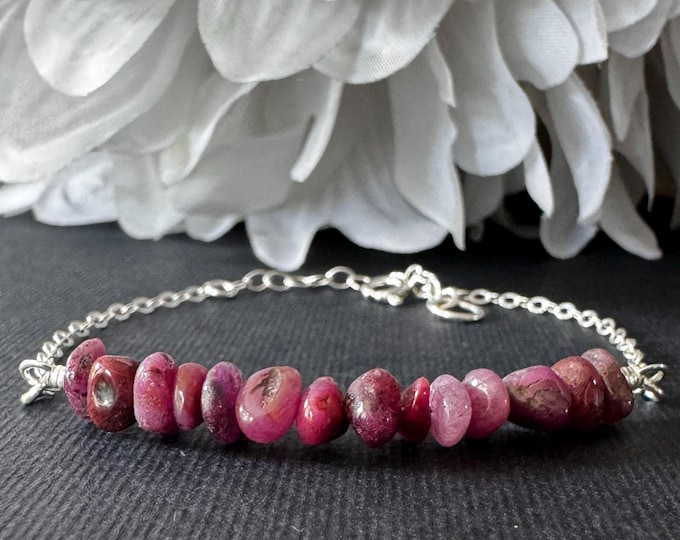 Rough Ruby Bracelet  - Raw Crystal Anklet - Sterling Silver or 14K Gold Filled