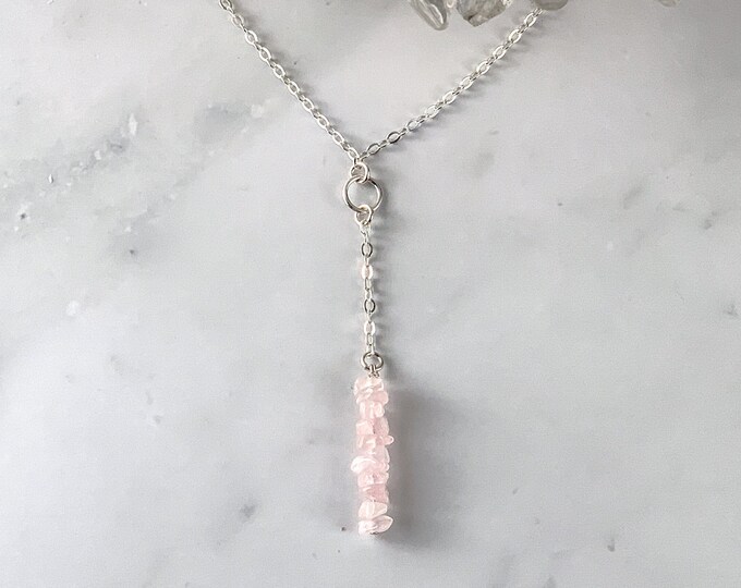 Pink Rose Quartz necklace, Y-shaped Lariat style necklace with AAA++ genuine Raw Rose Quartz crystals, Self Love jewelry, Fertility necklace