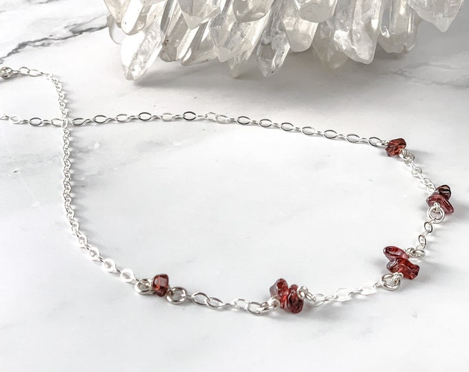 Garnet Satellite Chain Raw Stone Necklace Gemstone Choker Sterling Silver Birthstone