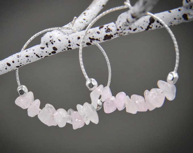 Rose Quartz Earrings, Mindfulness Gift, small hoop earrings, AnxietyJewelry Gift, Fertility