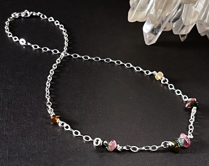 Minimalist Tourmaline & Silver necklace, October Birthstone choker, Unique woman jewelry gift, Authentic and Genuine crystal gemstones